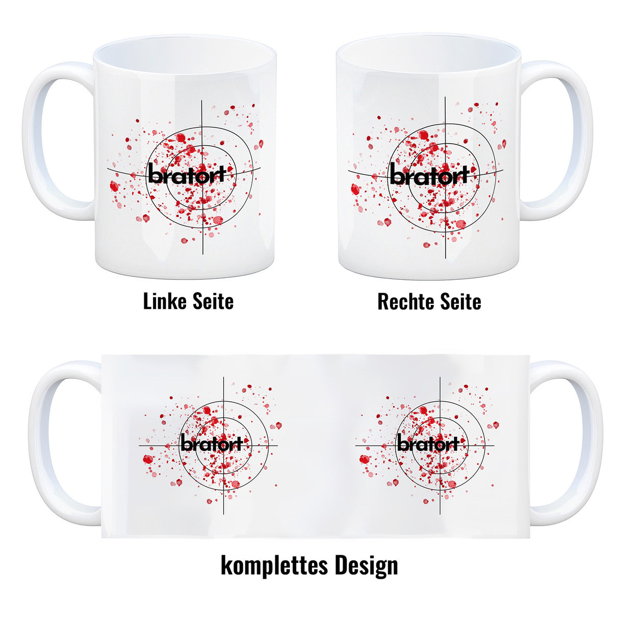 Bratort Kaffeebecher mit Blutspritzern und Fadenkreuz
