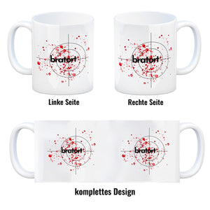 Bratort Kaffeebecher mit Blutspritzern und Fadenkreuz