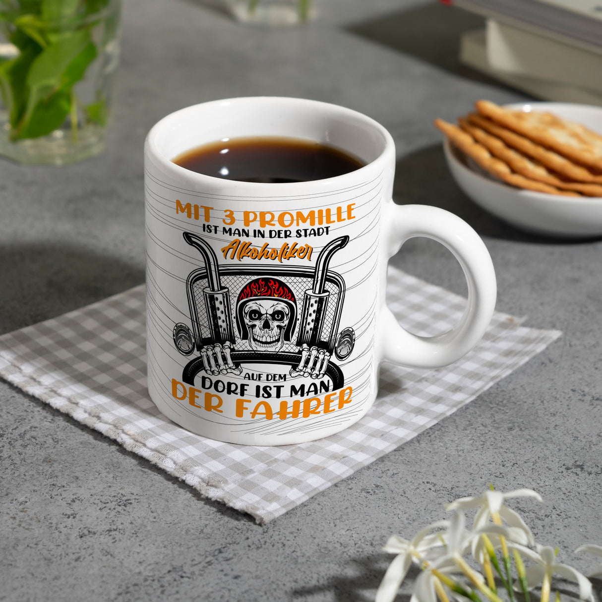 Dorfkind Kaffeebecher mit Spruch Mit 3 Promille ist man der Fahrer