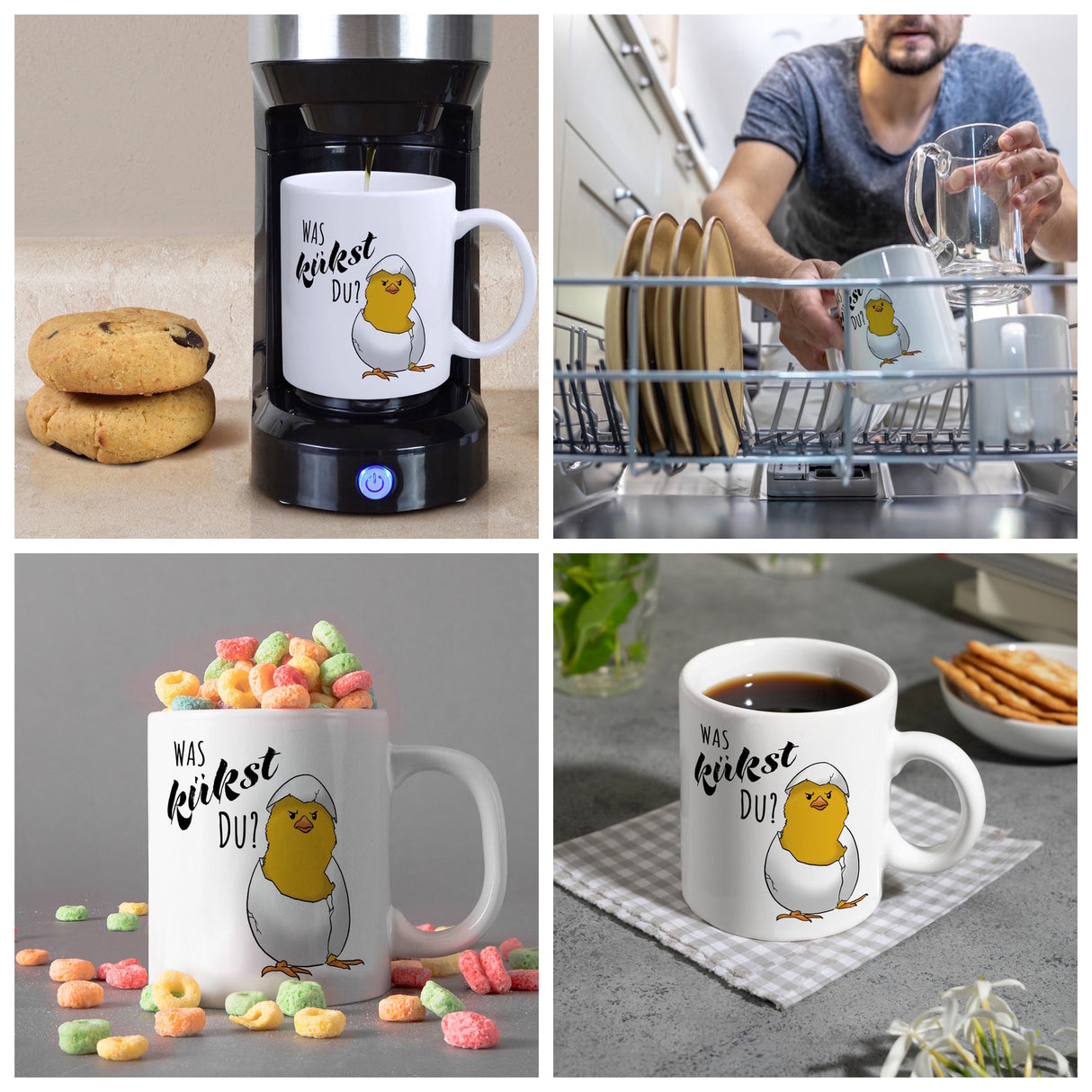 Was kükst du Kaffeebecher mit frechem Küken im Ei