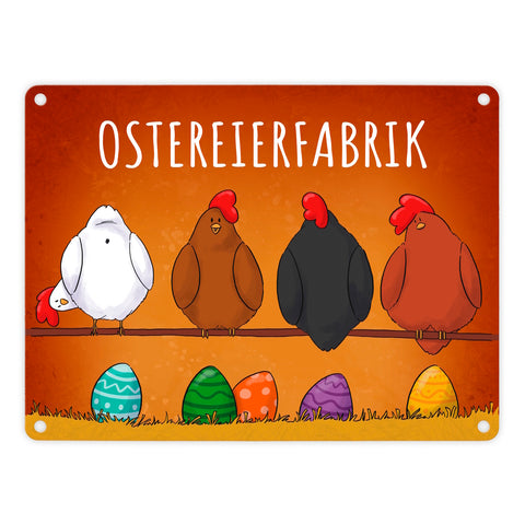 Hühner auf der Stange Ostereierfabrik Metallschild mit bunten Ostereiern