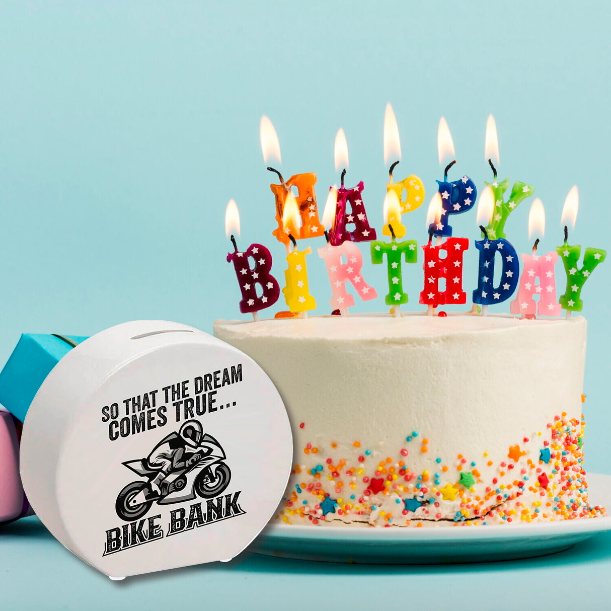 Bike Bank Spardose mit Spruch und Motorrad