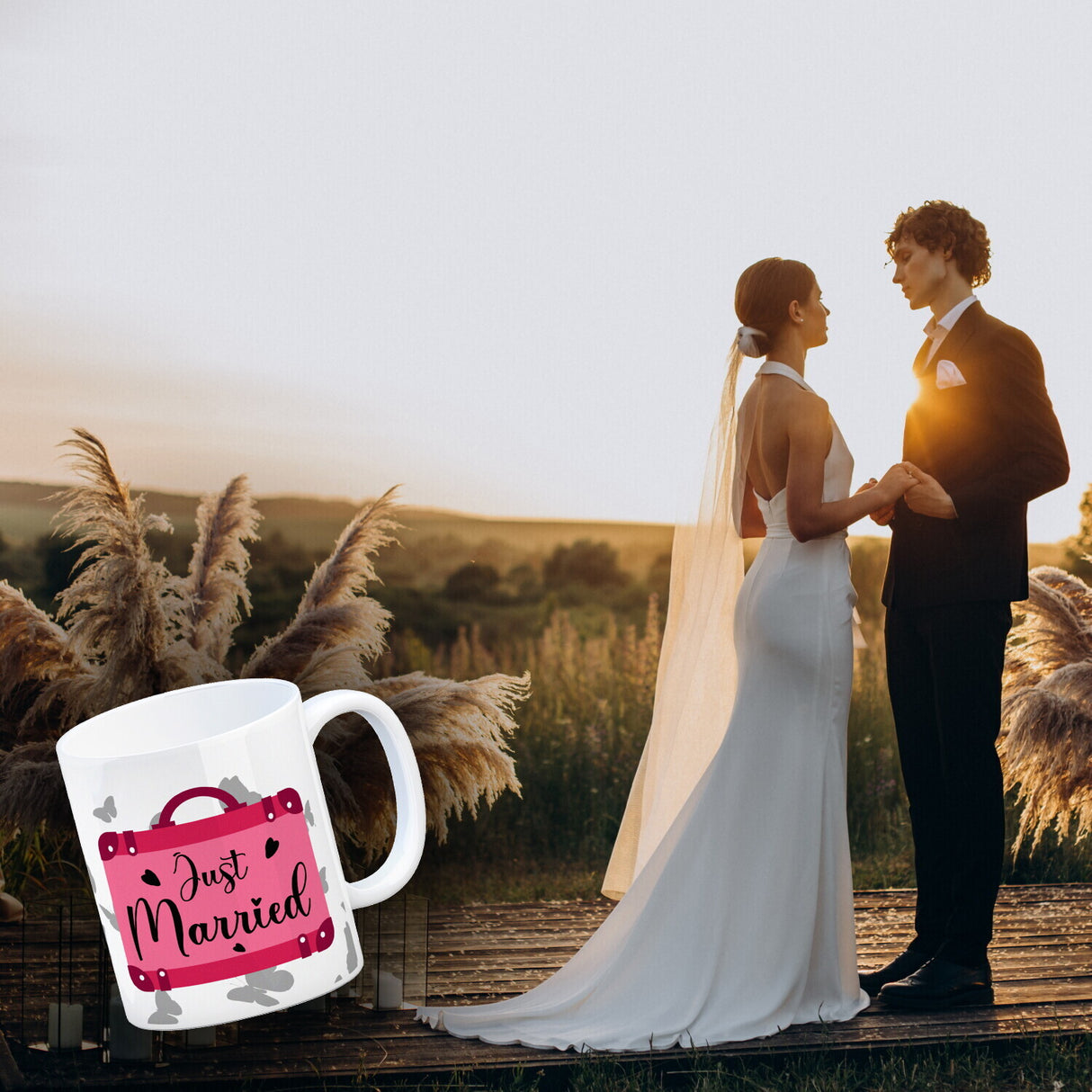 Just married Hochzeit Kaffeebecher mit pinkem Koffer