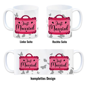 Just married Hochzeit Kaffeebecher mit pinkem Koffer