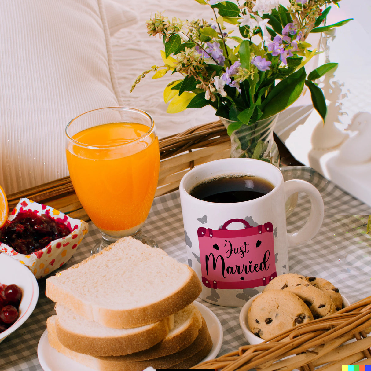 Just married Hochzeit Kaffeebecher mit pinkem Koffer