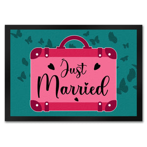 Just married Hochzeit Fußmatte in 35x50 cm mit pinkem Koffer