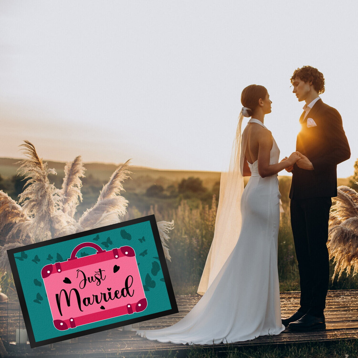 Just married Hochzeit Fußmatte in 35x50 cm mit pinkem Koffer