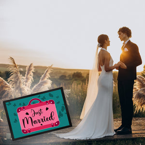 Just married Hochzeit Fußmatte in 35x50 cm mit pinkem Koffer