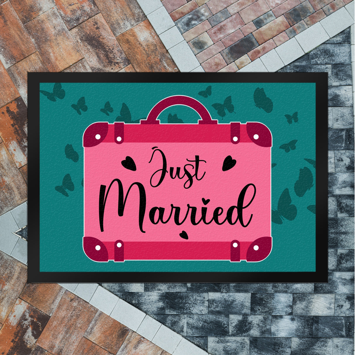 Just married Hochzeit Fußmatte in 35x50 cm mit pinkem Koffer