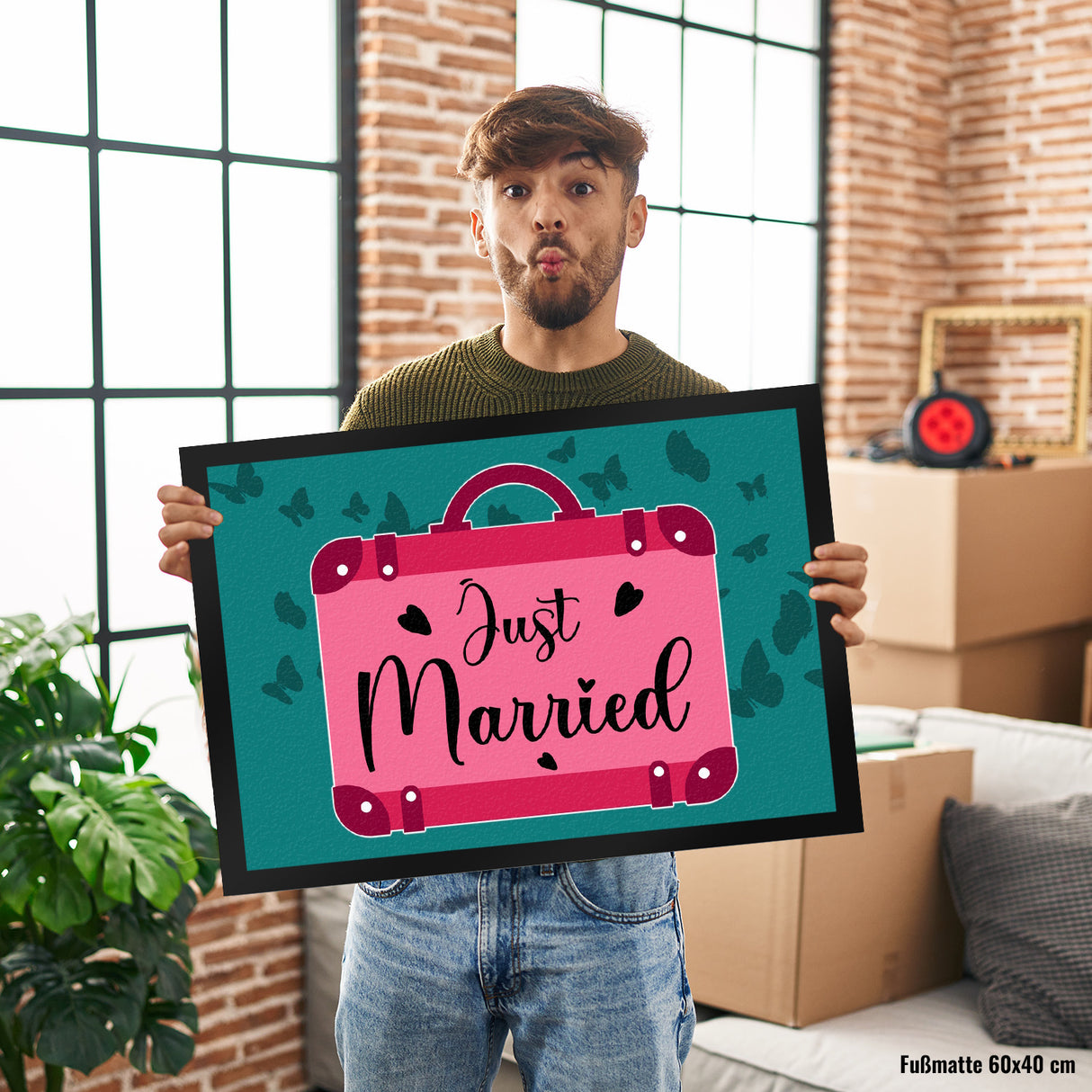 Just married Hochzeit Fußmatte in 35x50 cm mit pinkem Koffer