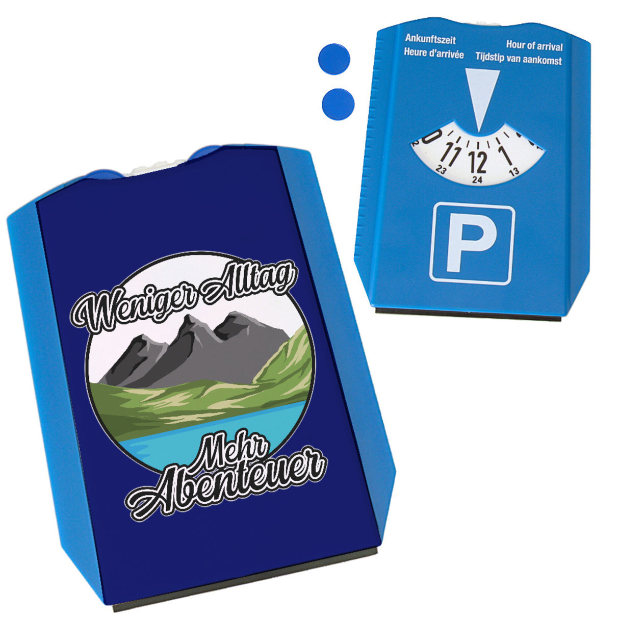 Berge und See Parkscheibe mit Spruch Weniger Alltag mehr Abenteuer