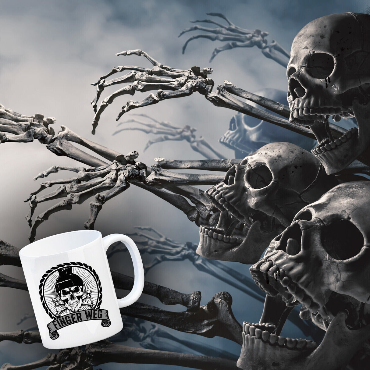 Totenkopf Finger Weg Kaffeebecher mit Banderole