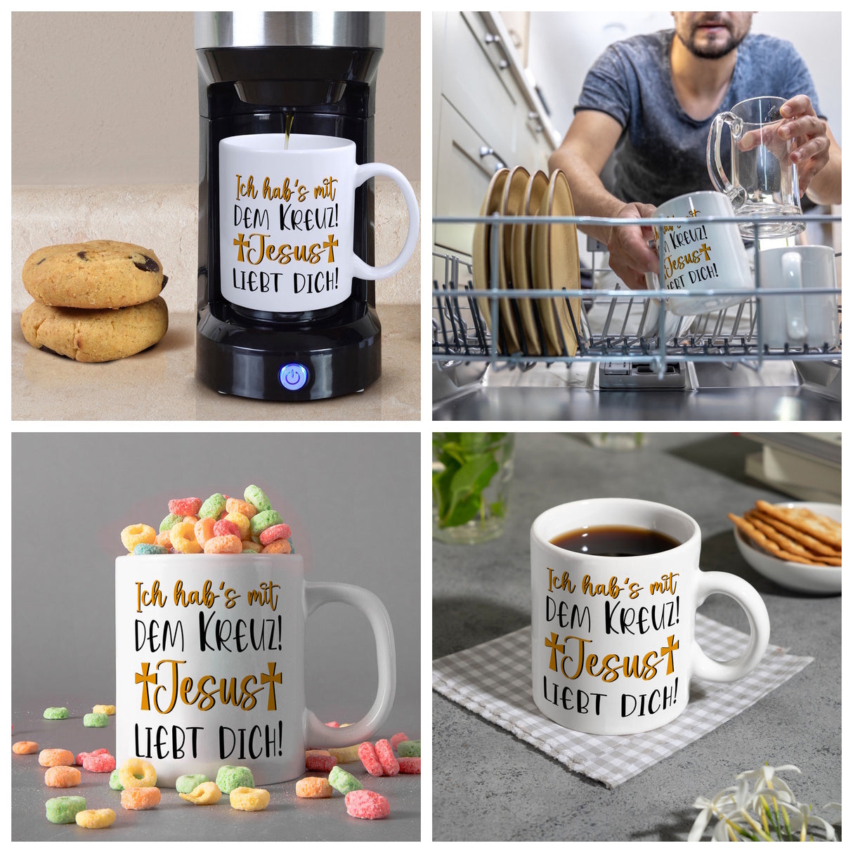Jesus liebt dich Kaffeebecher mit Spruch Ich habs mit dem Kreuz