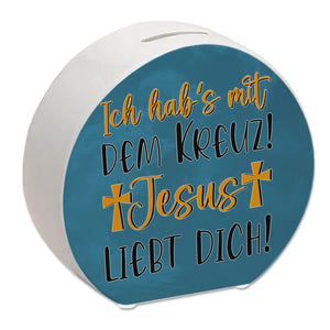 Jesus liebt dich Spardose mit Spruch Ich habs mit dem Kreuz