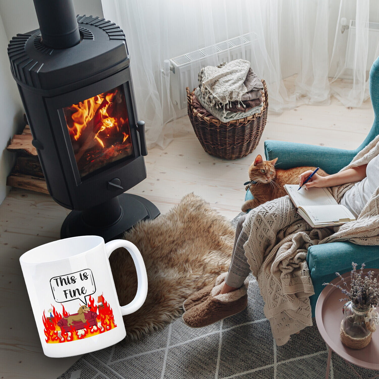 This is fine Kaffeebecher Hund in brennendem Wohnzimmer