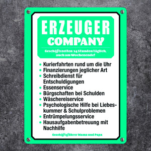 Erzeuger Company Metallschild in türkis für Eltern