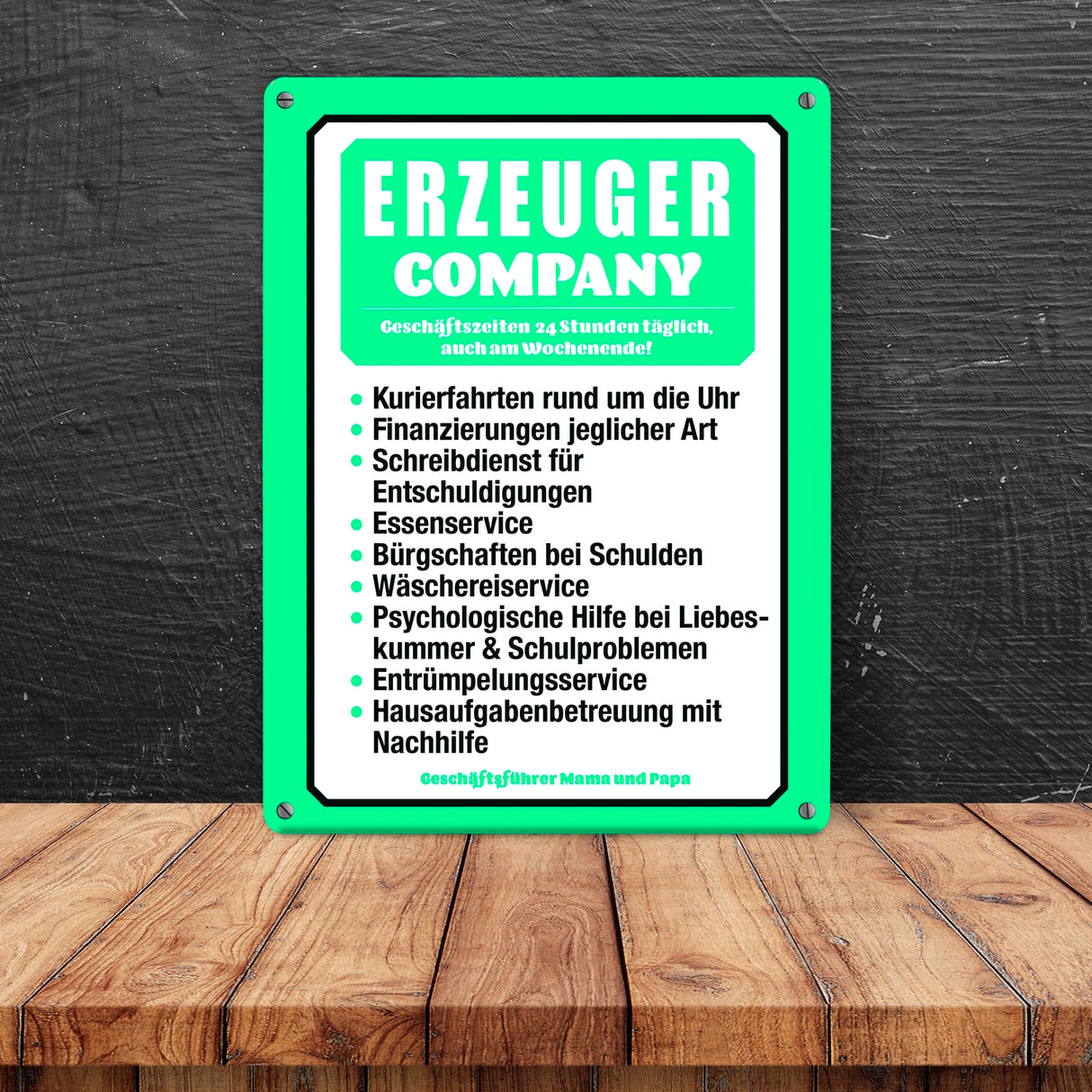 Erzeuger Company Metallschild in türkis für Eltern