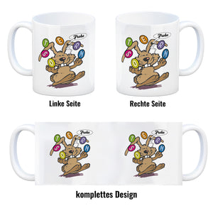 Frohe Ostern! Osterhase jongliert mit Ostereiern Kaffeebecher in {weiß}
