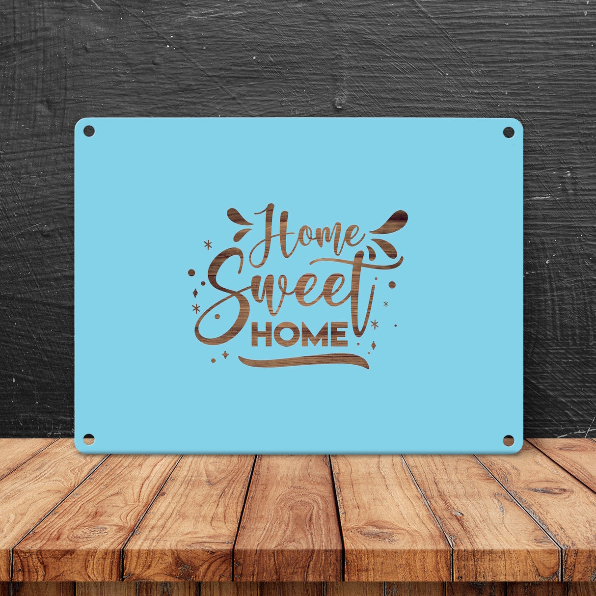 Home Sweet Home Metallschild in 15x20 cm mit hellblauem Hintergrund