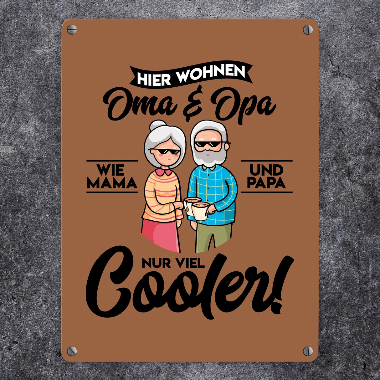 Hier wohnen Oma & Opa Metallschild in 15x20 cm in braun für deine Großeltern