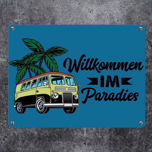 Willkommen im Paradies Campervan Metallschild in 15x20 cm