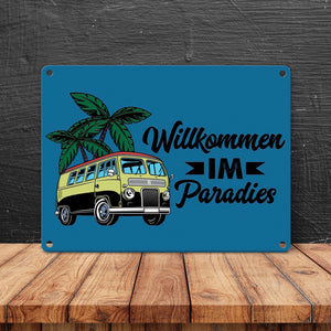 Willkommen im Paradies Campervan Metallschild in 15x20 cm