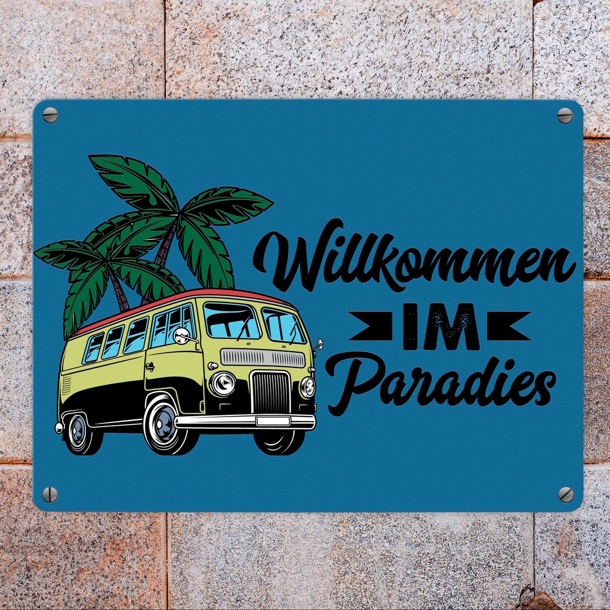 Willkommen im Paradies Campervan Metallschild in 15x20 cm