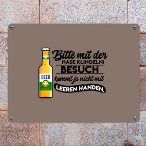 Bitte mit der Nase klingeln Metallschild in 15x20 cm in braun mit Biermotiv