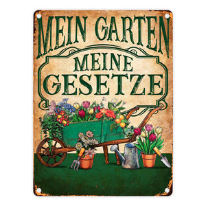 Mein Garten Meine Gesetze Metallschild in 15x20 cm mit Blumenwagen