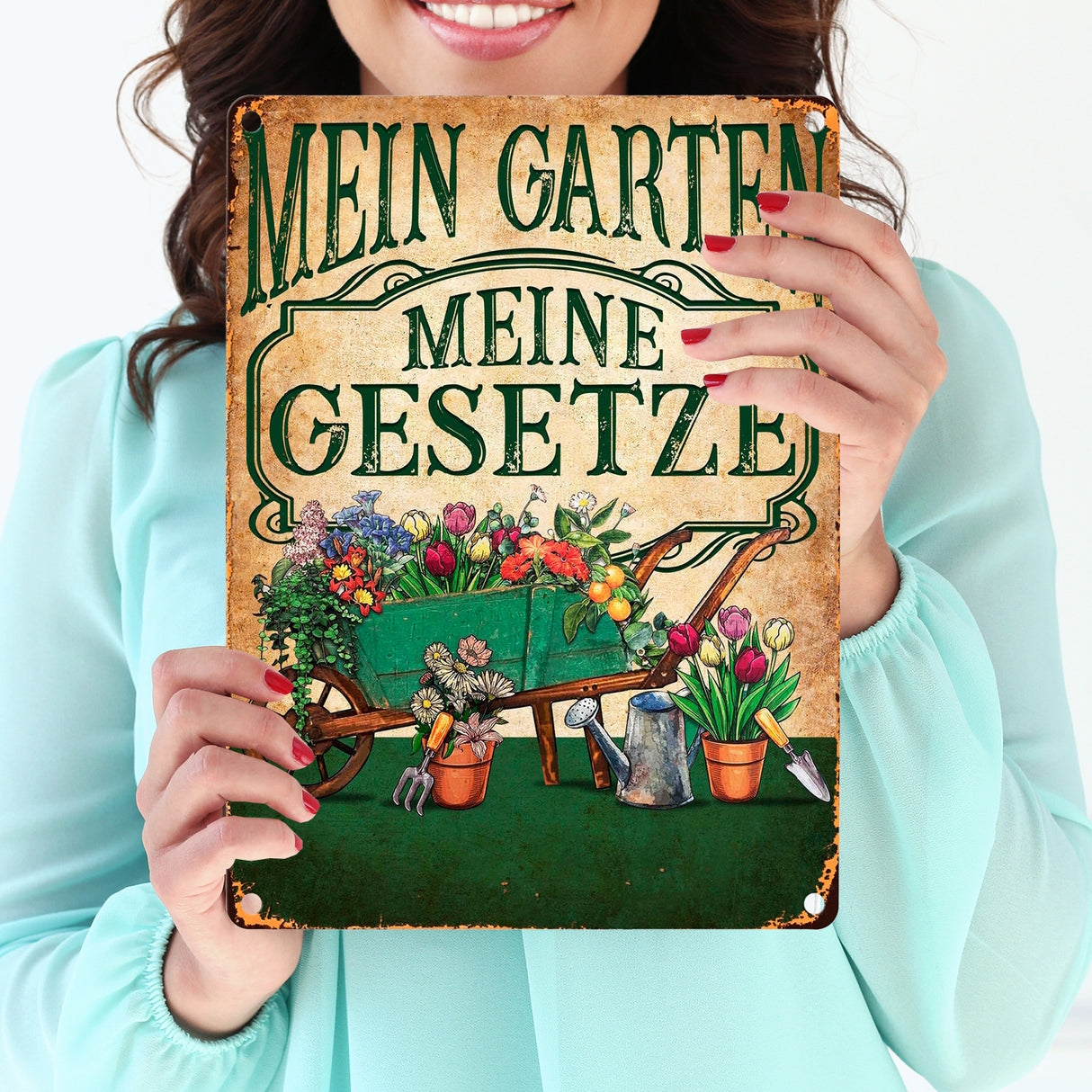 Mein Garten Meine Gesetze Metallschild in 15x20 cm mit Blumenwagen