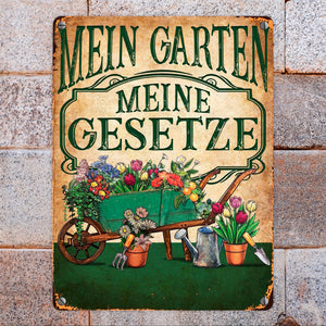 Mein Garten Meine Gesetze Metallschild in 15x20 cm mit Blumenwagen