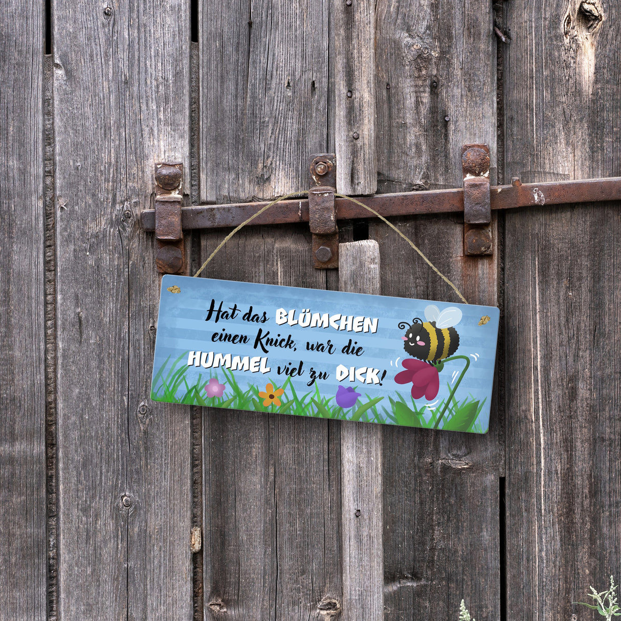 Dicke Hummel auf Blumenwiese Metallschild mit Spruch