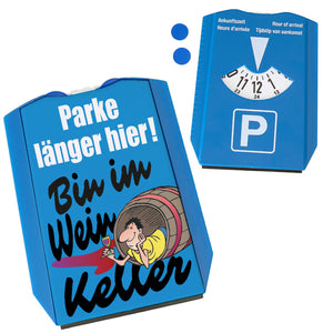 Bin im Weinkeller Parkscheibe in blau mit Eiskratzer und 2 Einkaufswagenchips