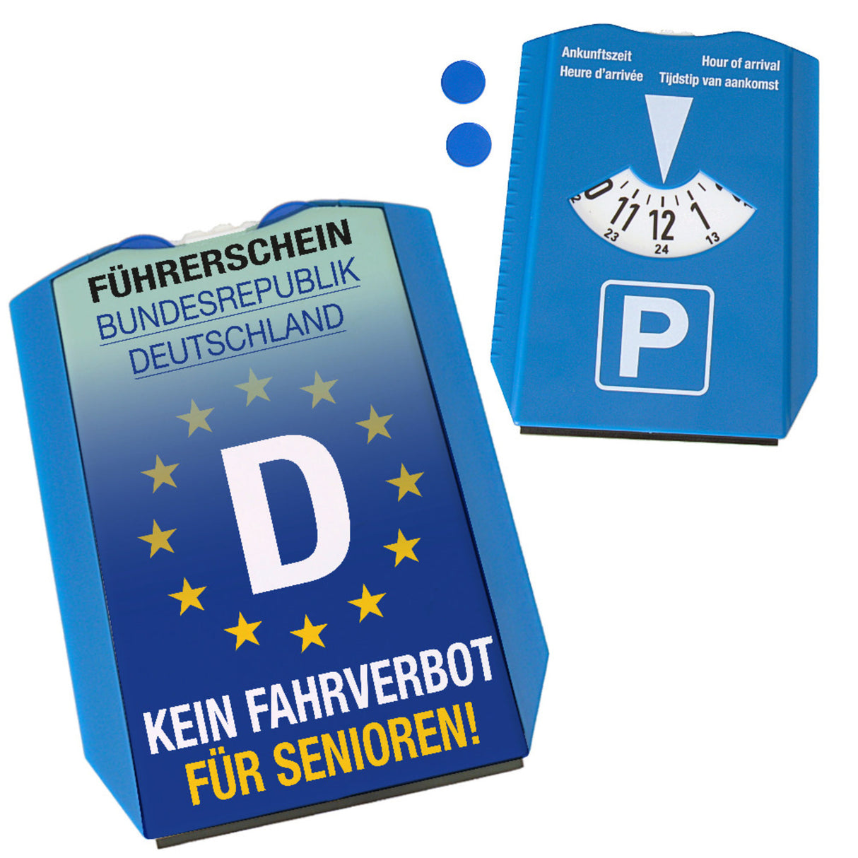 Kein Fahrverbot für Senioren Parkscheibe mit Eiskratzer und 2 Einkaufswagenchips