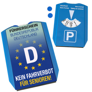Kein Fahrverbot für Senioren Parkscheibe mit Eiskratzer und 2 Einkaufswagenchips