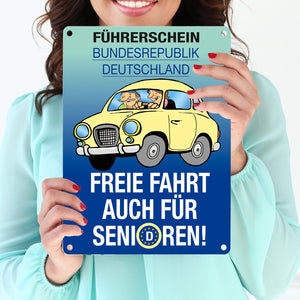 Freie Fahrt auch für Senioren Metallschild mit Oldtimer Motiv