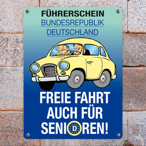 Freie Fahrt auch für Senioren Metallschild mit Oldtimer Motiv