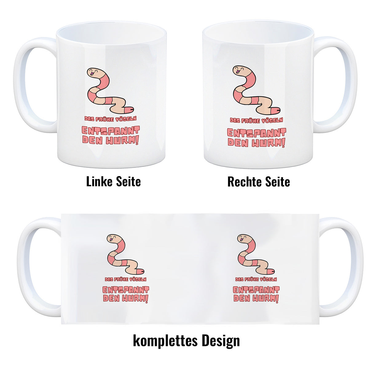 Morgenlatte Kaffeebecher mit Spruch Das frühe Vögeln entspannt den Wurm
