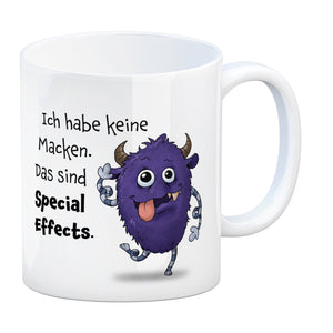 Freches Monster in lila Kaffeebecher mit lustigem Spruch