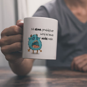 Freches Monster in hellblau Kaffeebecher mit lustigem Spruch