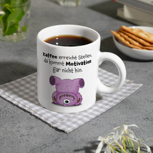 Freches Monster in rosa Kaffeebecher mit lustigem Spruch