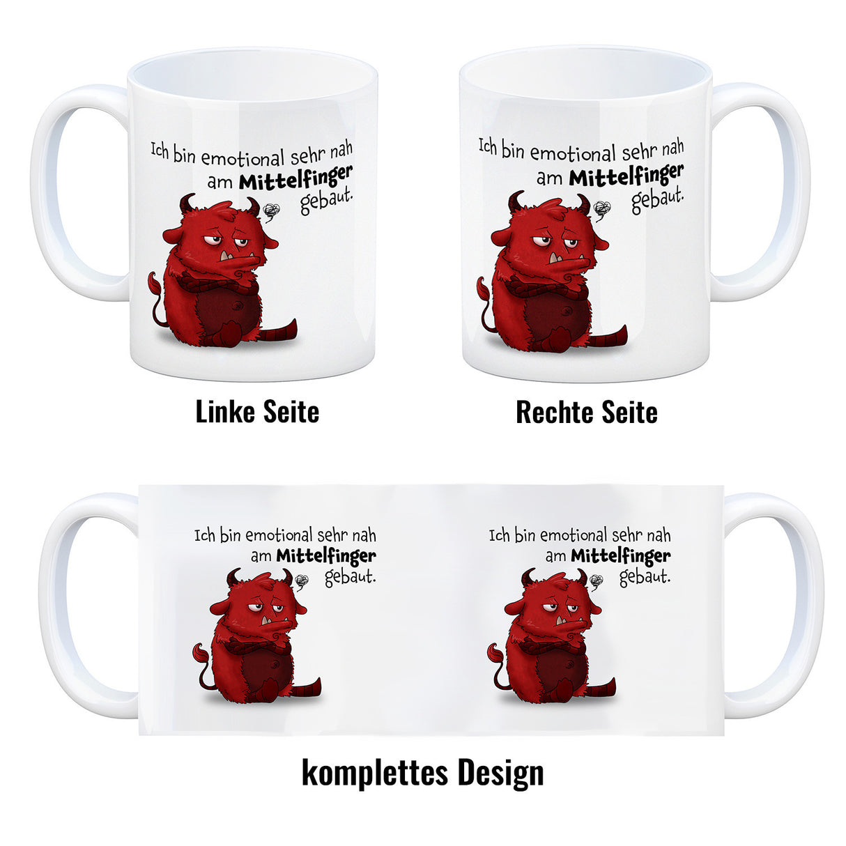 Freches Monster in hellrot Kaffeebecher mit lustigem Spruch