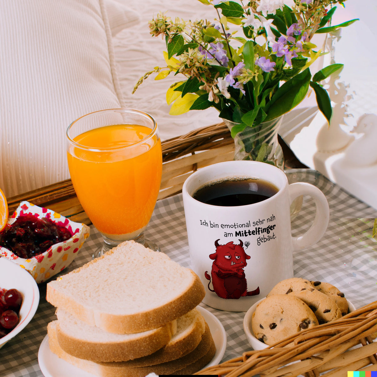 Freches Monster in hellrot Kaffeebecher mit lustigem Spruch