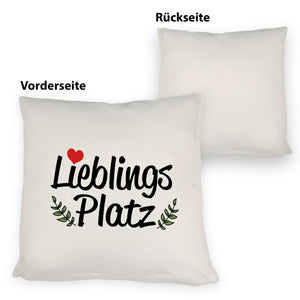 Lieblingsplatz Kissen mit rotem Herz und Blättern