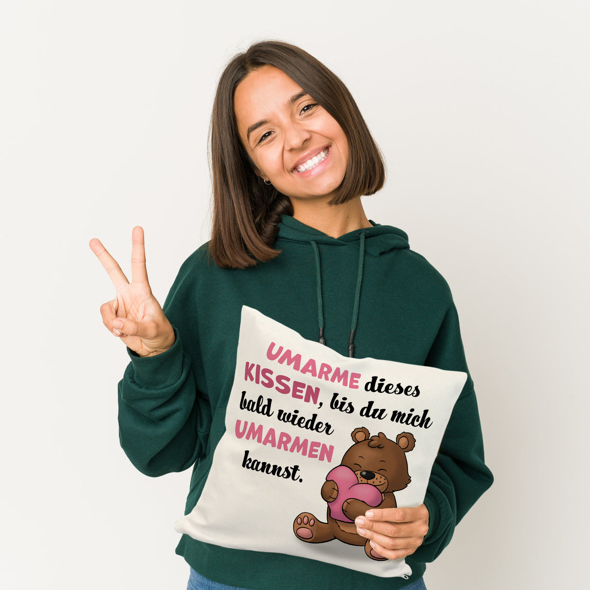 Bär Kissen mit Spruch- Umarme dieses Kissen bis ich da bin
