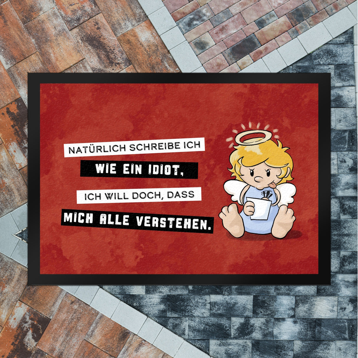Engel Fußmatte in 35x50 cm mit Spruch - Ich schreib wie ein Idiot, damit alle verstehen