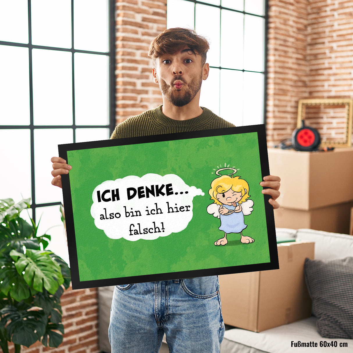Engel Fußmatte in 35x50 cm mit Spruch - Mit Denken bin ich hier falsch