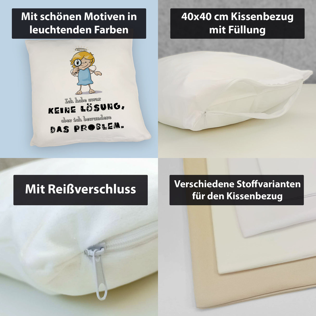 Engel Kissen mit Spruch - Keine Lösung, aber Bewunderung fürs Problem