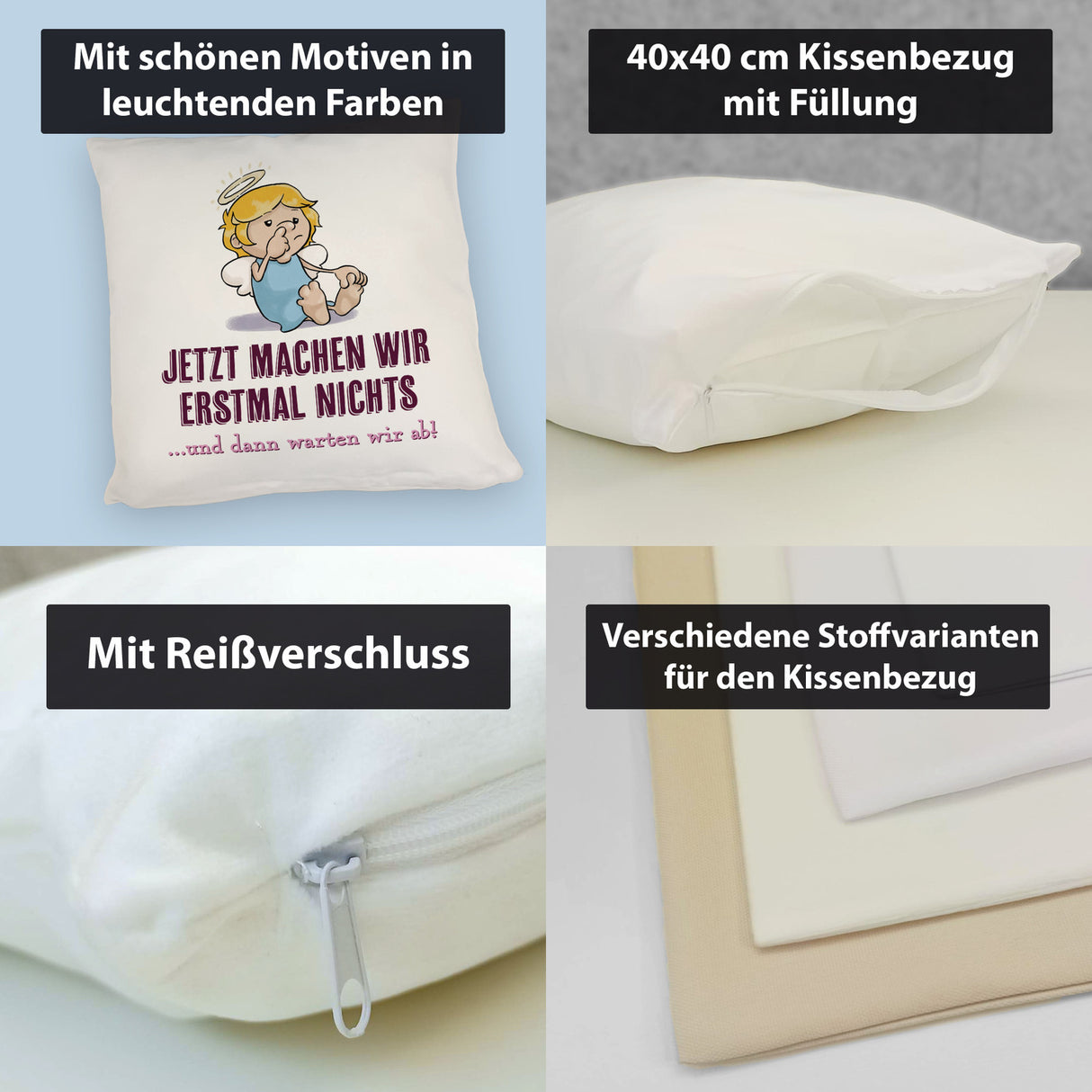 Engel Kissen mit Spruch - Wir machen nichts und warten ab