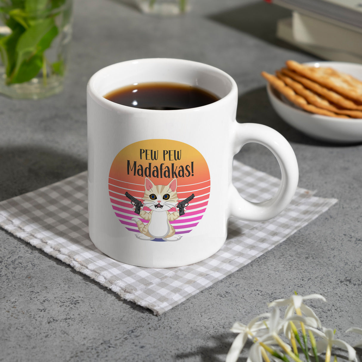 PEW PEW Madafakas Kaffeebecher mit lustigem Katzen Motiv